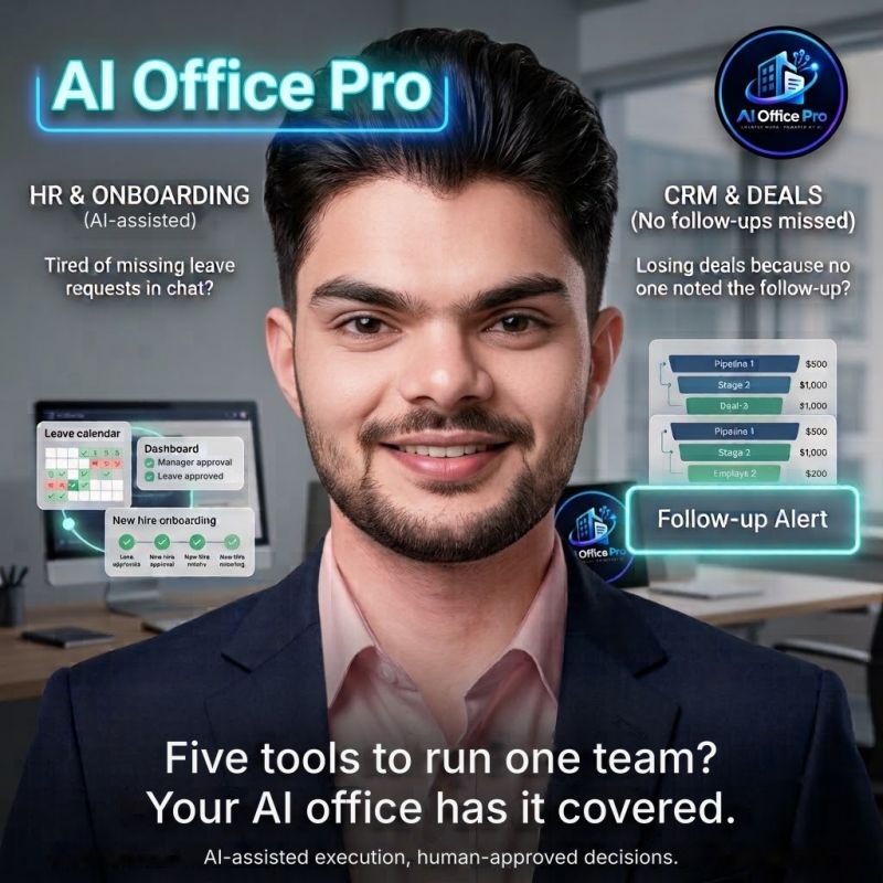 Graphic from Druv Mishra's LinkedIn post 'Five tools to run one team?' about AI Office Pro